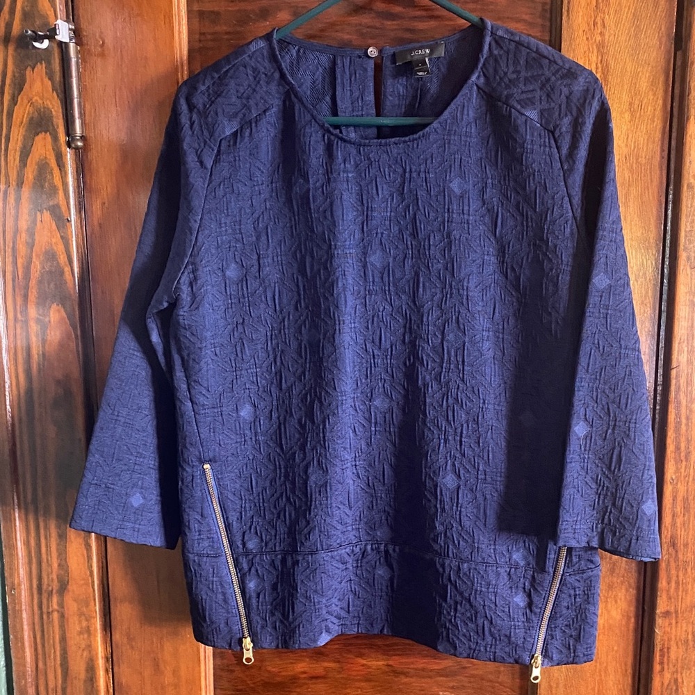 J. Crew Navy Textured Blouse with Zipper Accents